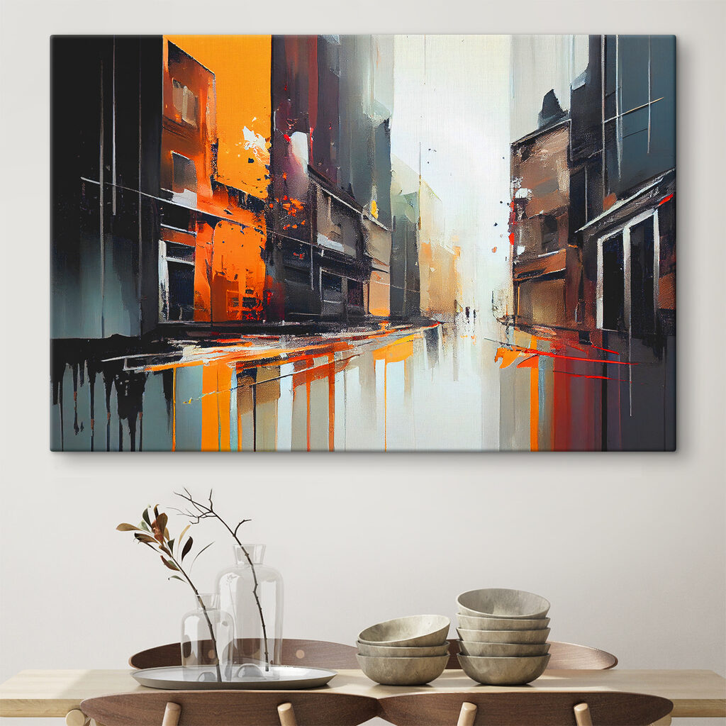 A painting of a street with buildings A painting of a street with buildings