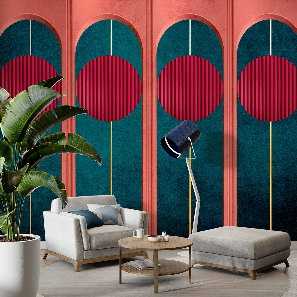 A wall with red circles and blue and green walls