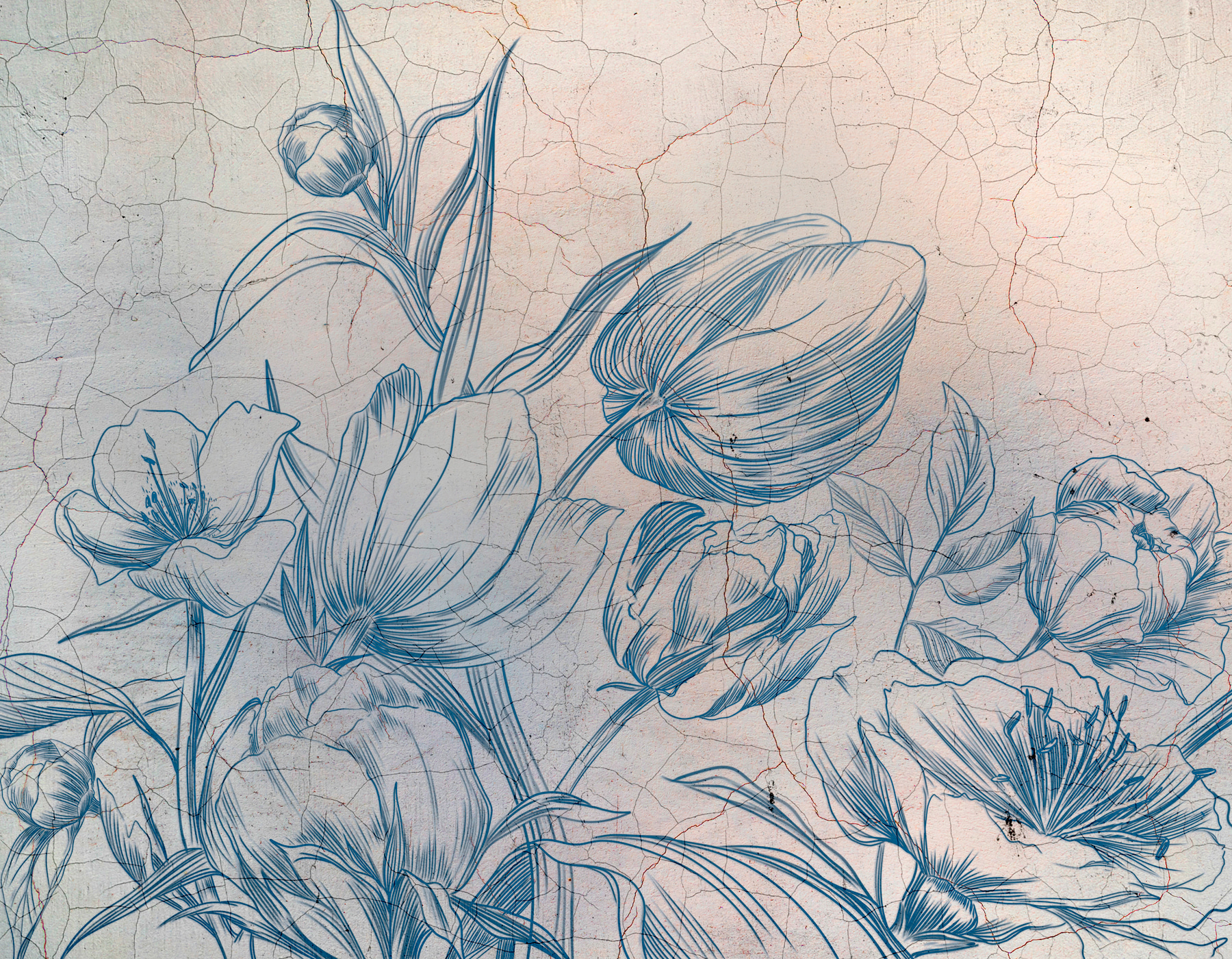 A drawing of flowers on a cracked wall A drawing of flowers on a cracked wall