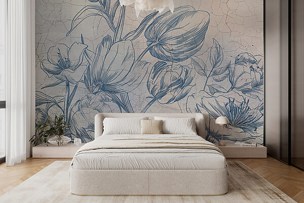 Un dessin de fleurs sur un mur fissuré Un dessin de fleurs sur un mur fissuré