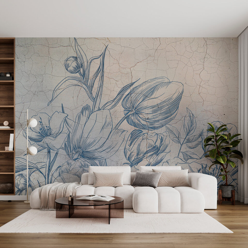 A drawing of flowers on a cracked wall A drawing of flowers on a cracked wall