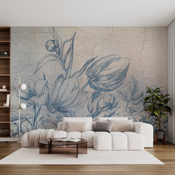 Un dessin de fleurs sur un mur fissuré Un dessin de fleurs sur un mur fissuré