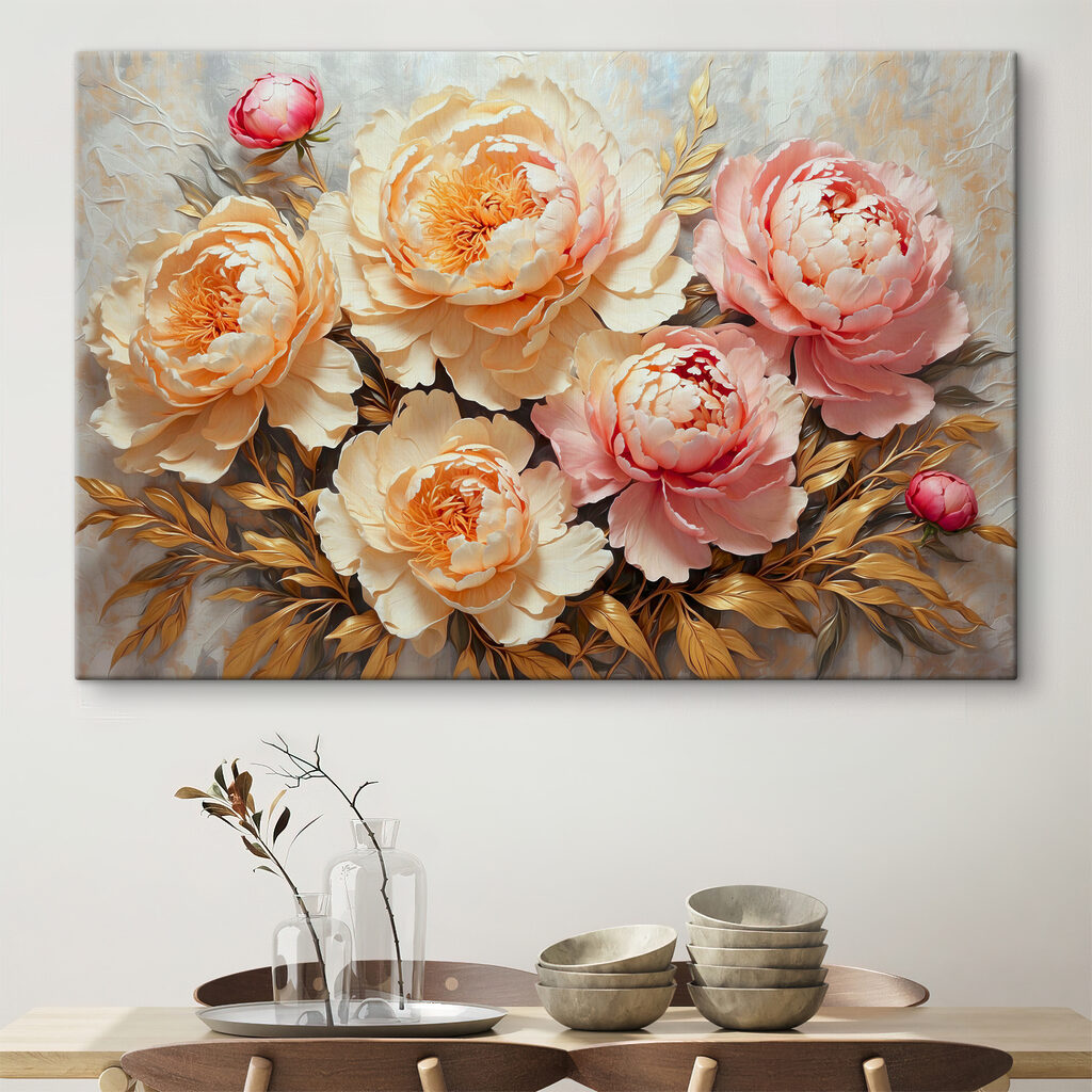 Peonies blooming amid lush foliage