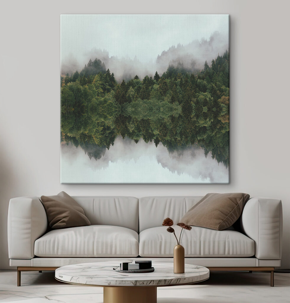 A reflection of trees in the water