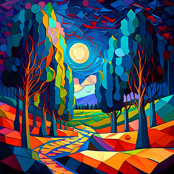 Un paysage coloré avec des arbres et un chemin Un paysage coloré avec des arbres et un chemin