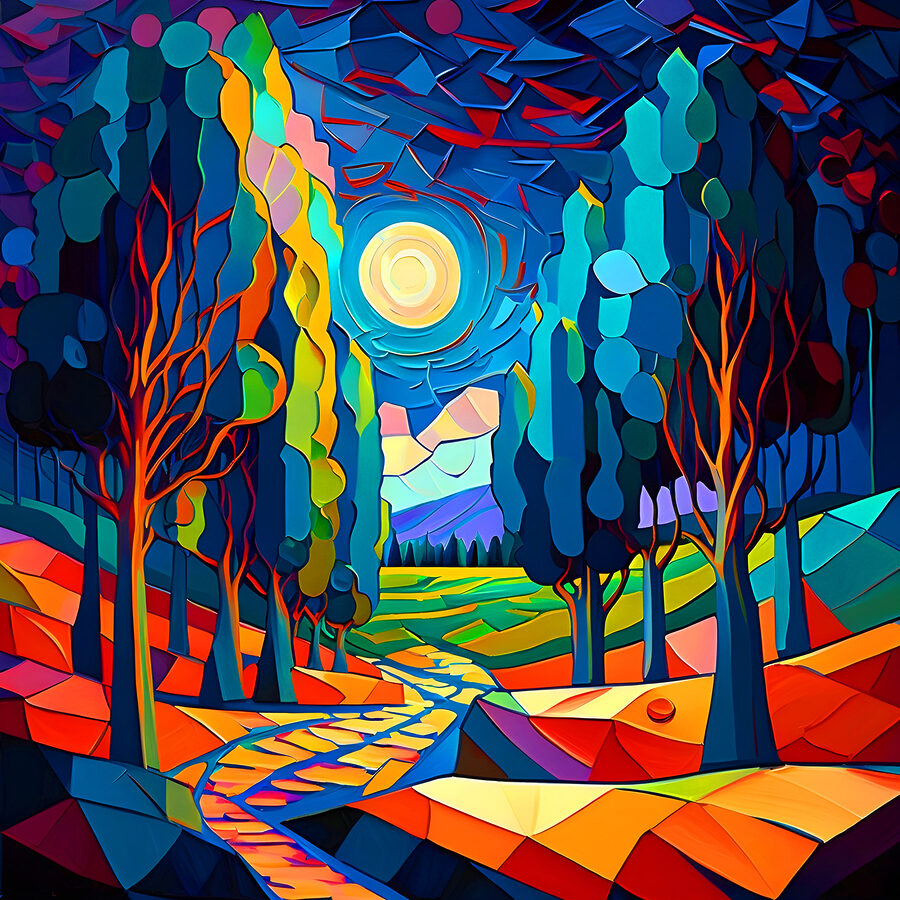 Un paysage coloré avec des arbres et un chemin