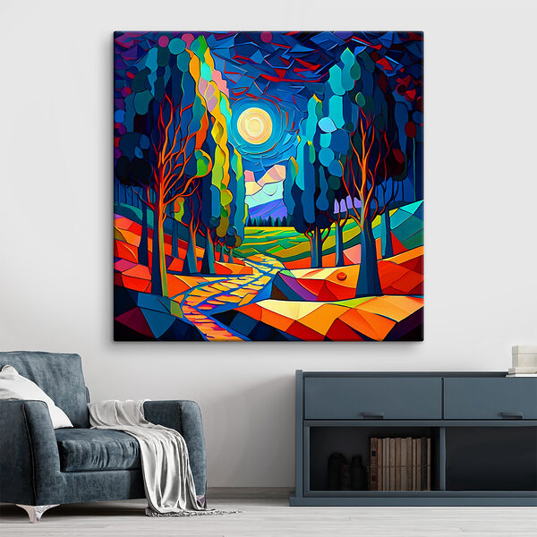Un paysage coloré avec des arbres et un chemin Un paysage coloré avec des arbres et un chemin