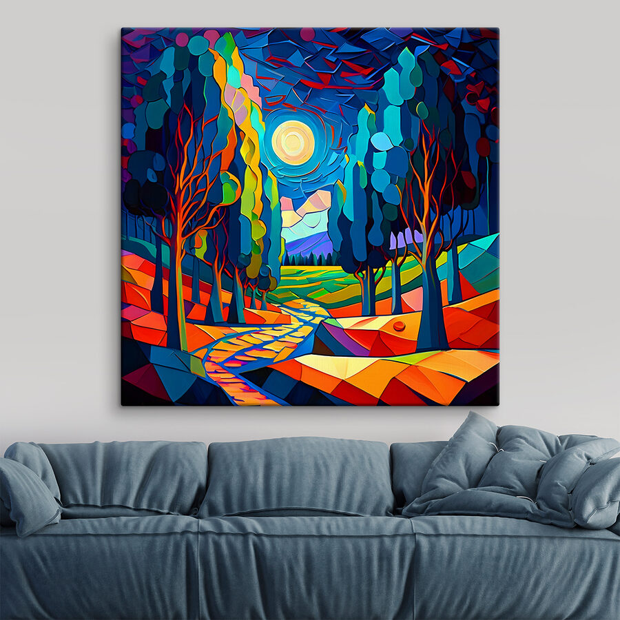 Un paysage coloré avec des arbres et un chemin