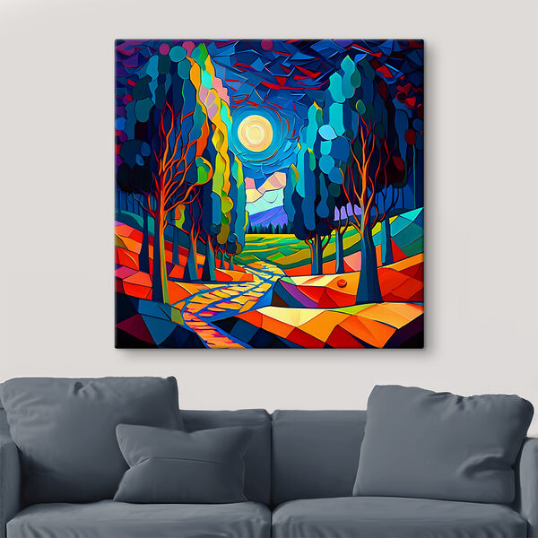 Un paysage coloré avec des arbres et un chemin Un paysage coloré avec des arbres et un chemin