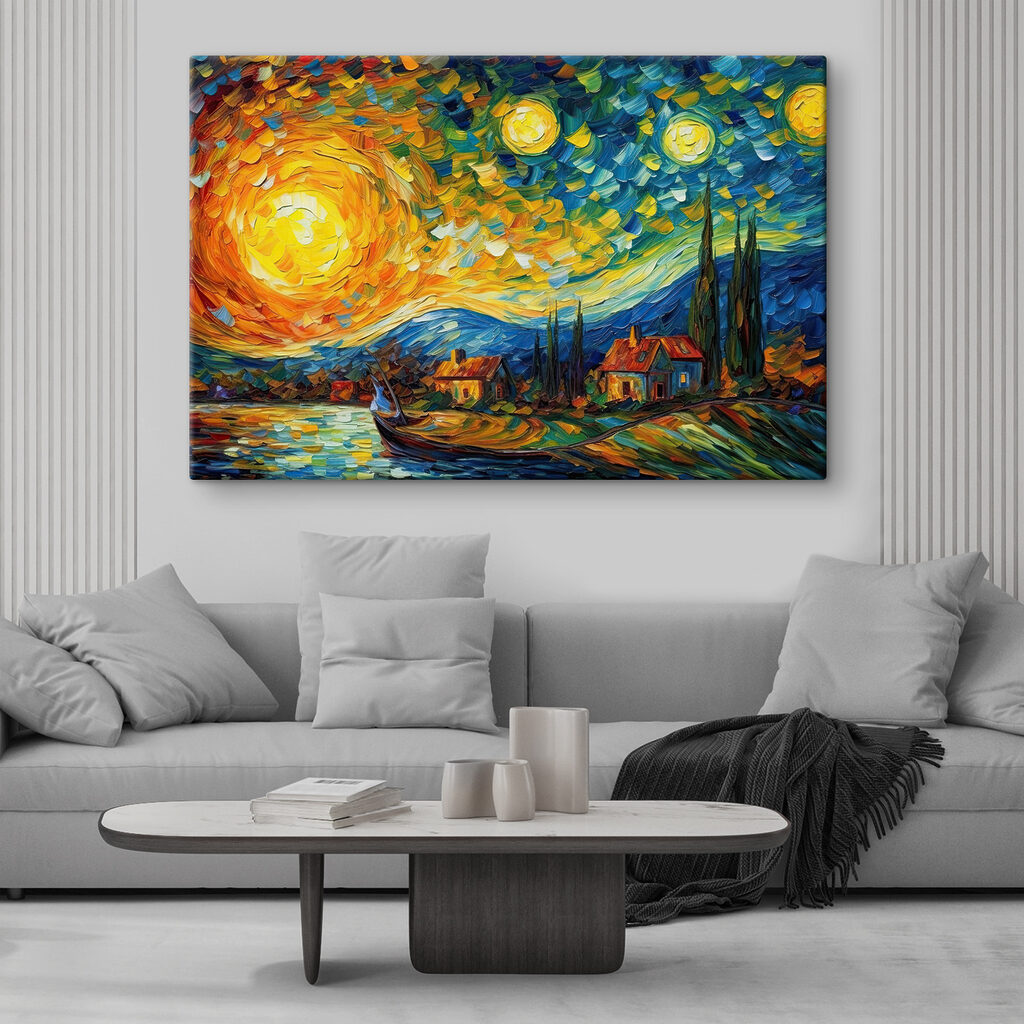 A painting of a house and a boat on a lake