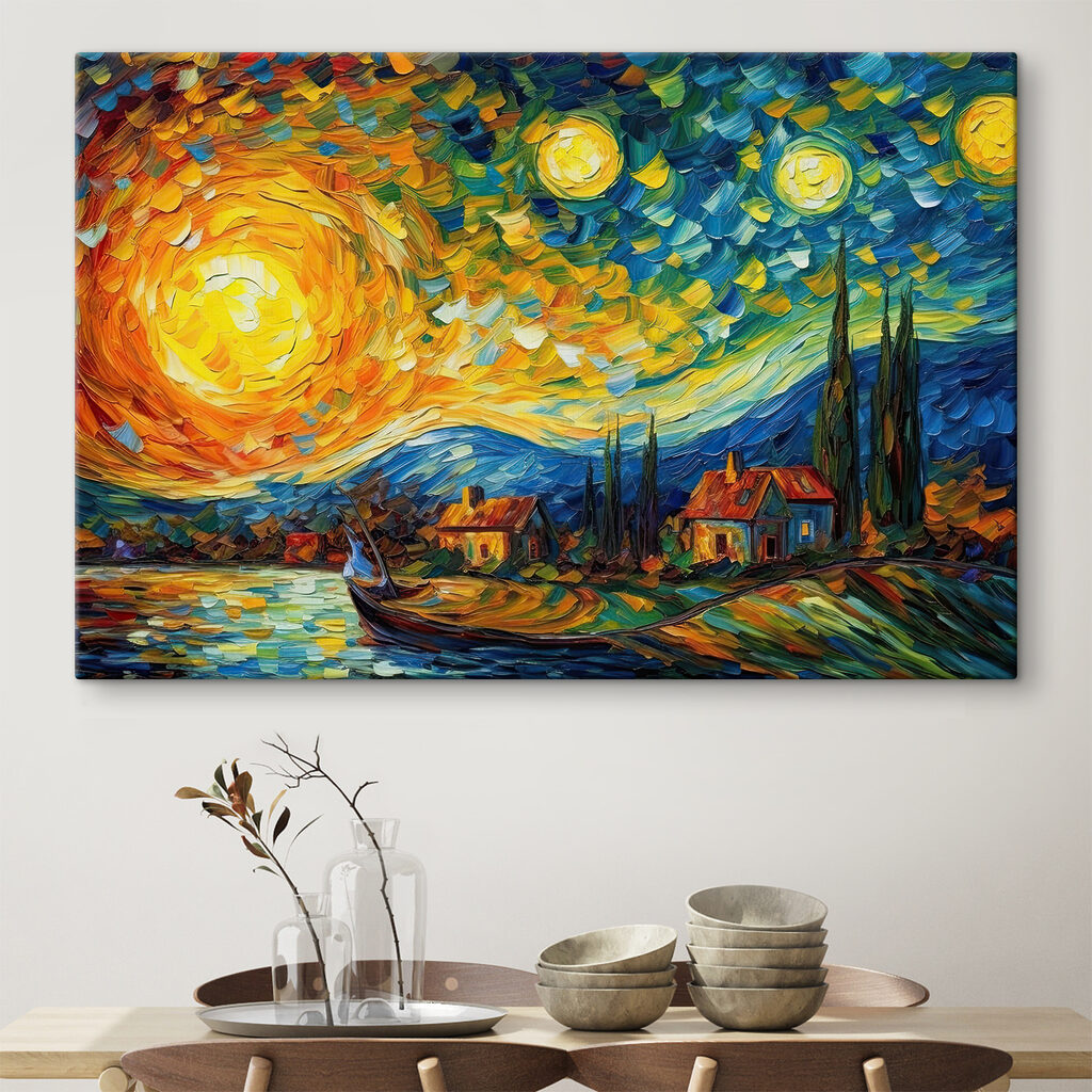 A painting of a house and a boat on a lake