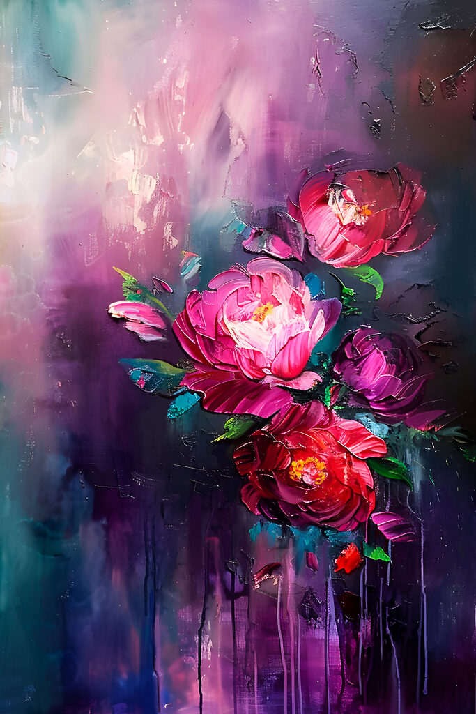 A painting of flowers on a purple background