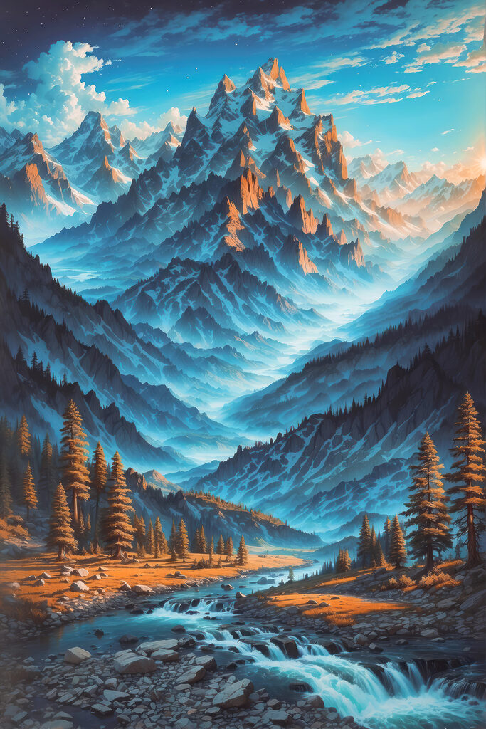 A mountain range with trees and a river