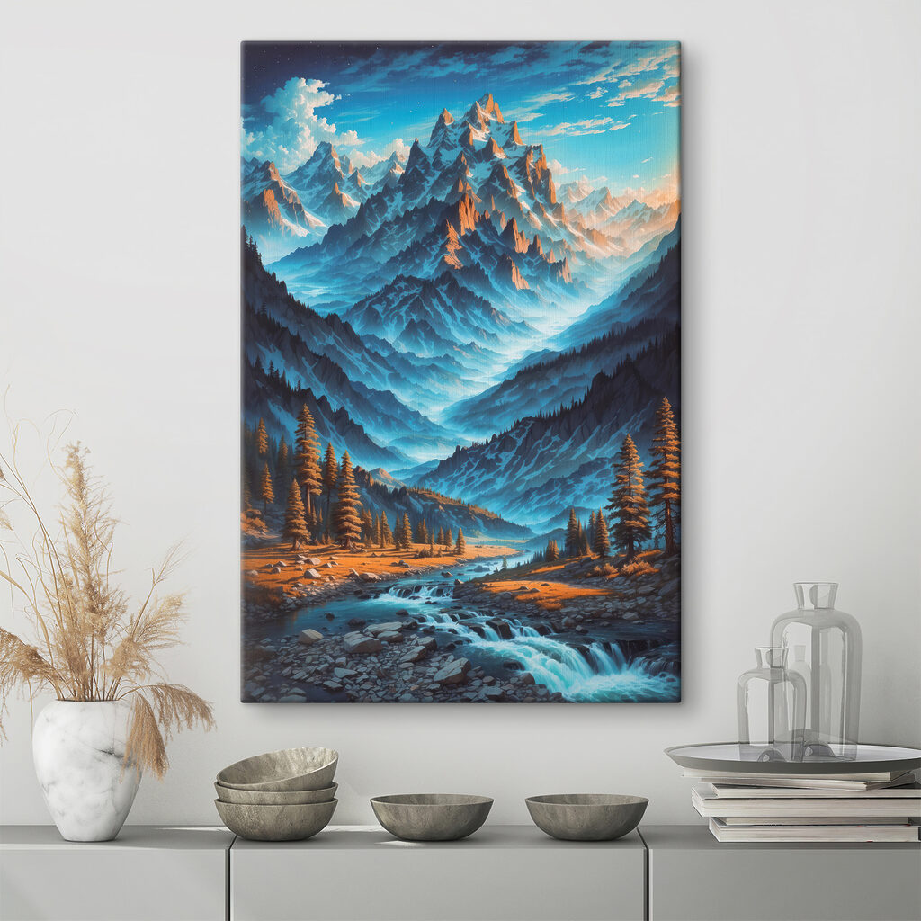 A mountain range with trees and a river