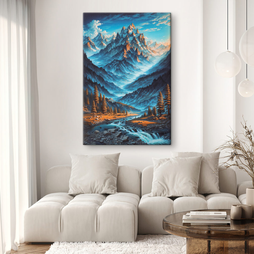 A mountain range with trees and a river