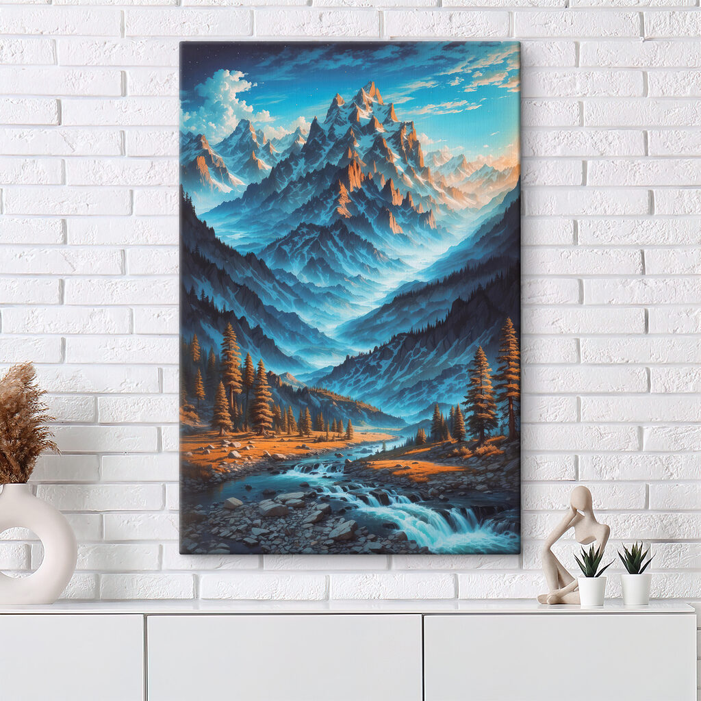 A mountain range with trees and a river