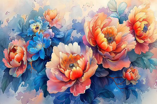 Peinture de fleurs sur fond bleu Peinture de fleurs sur fond bleu