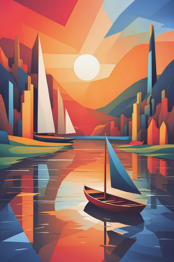 Une peinture de bateaux sur une rivière Une peinture de bateaux sur une rivière