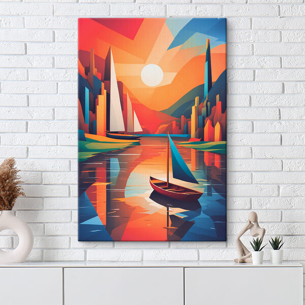 Une peinture de bateaux sur une rivière Une peinture de bateaux sur une rivière