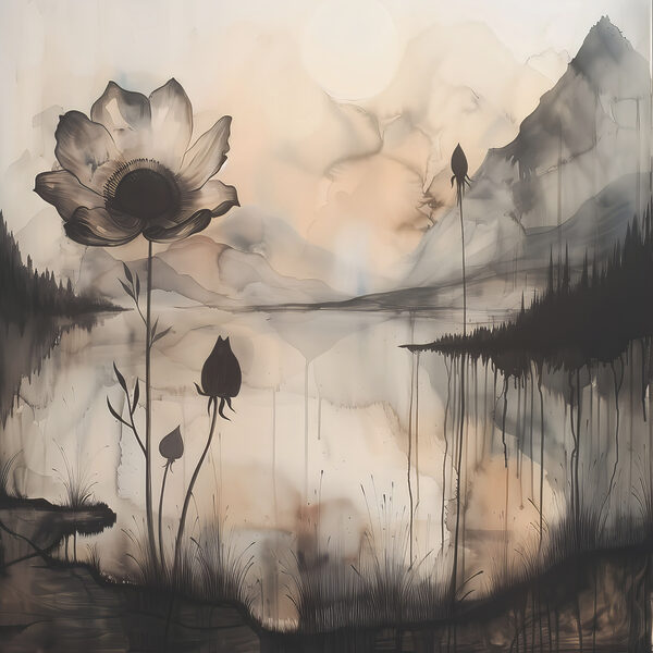 Peinture d'une fleur et d'un lac Peinture d'une fleur et d'un lac
