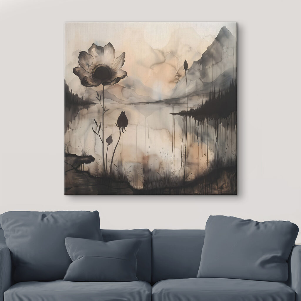 A painting of a flower and a lake A painting of a flower and a lake