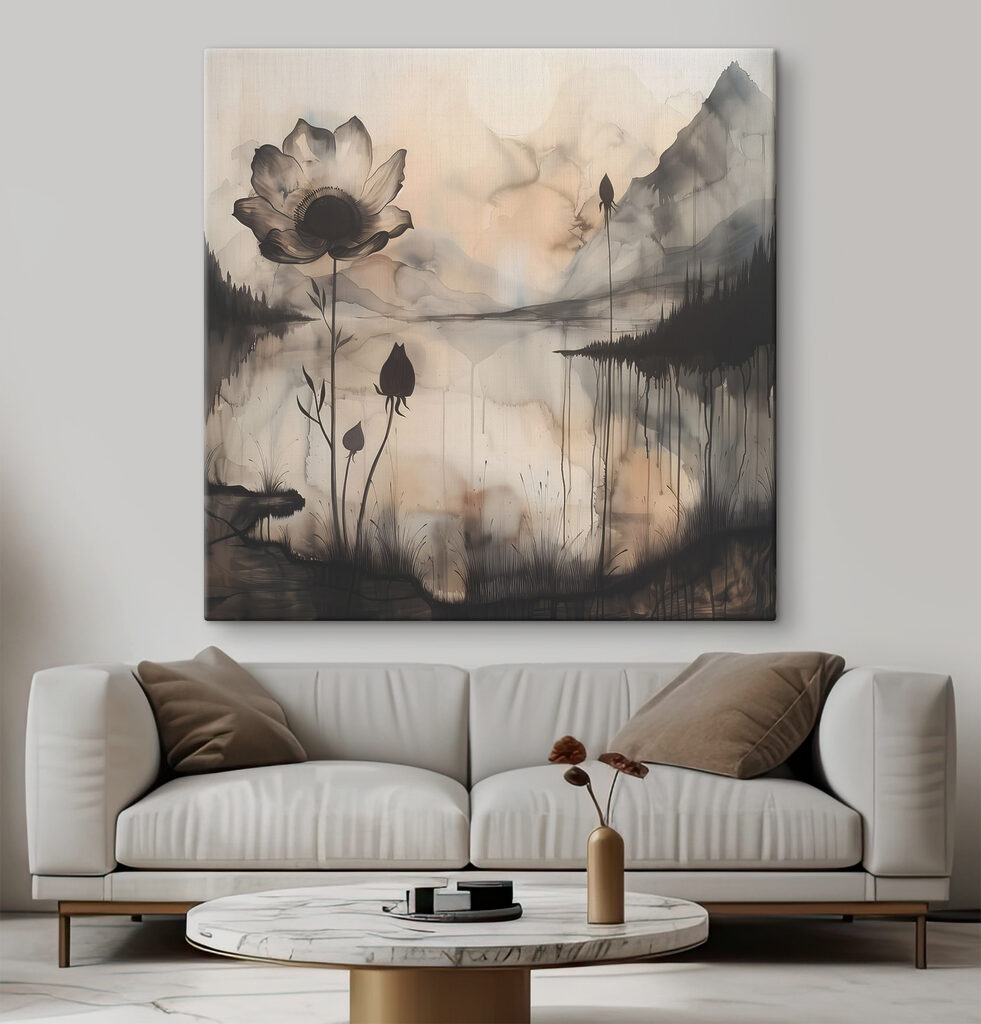 A painting of a flower and a lake A painting of a flower and a lake