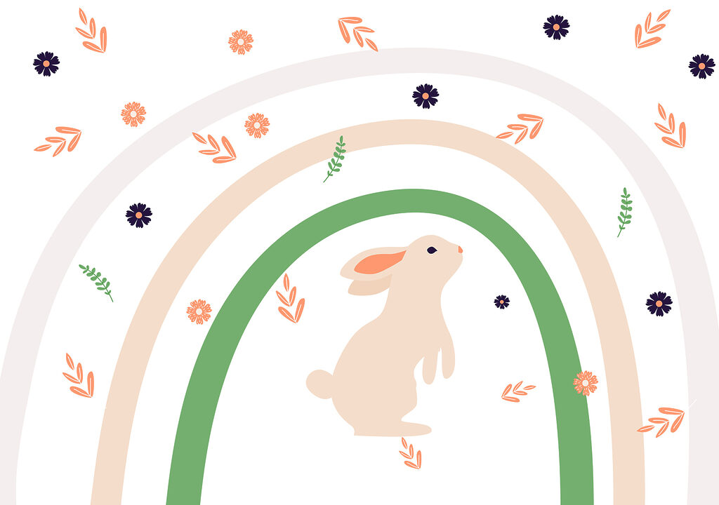Un lapin et un arc-en-ciel avec des fleurs Un lapin et un arc-en-ciel avec des fleurs
