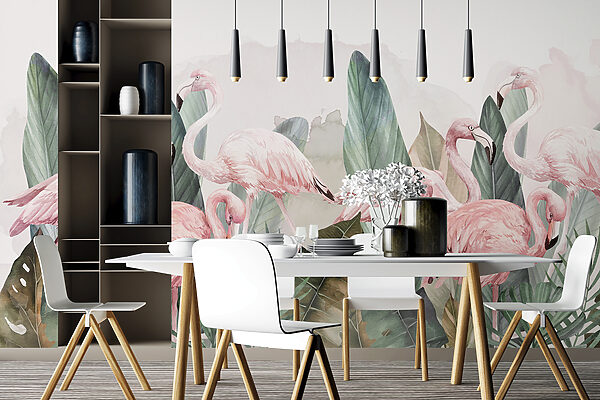 Un groupe de flamants roses et des feuilles Un groupe de flamants roses et des feuilles