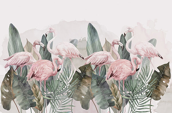 Un groupe de flamants roses et des feuilles Un groupe de flamants roses et des feuilles