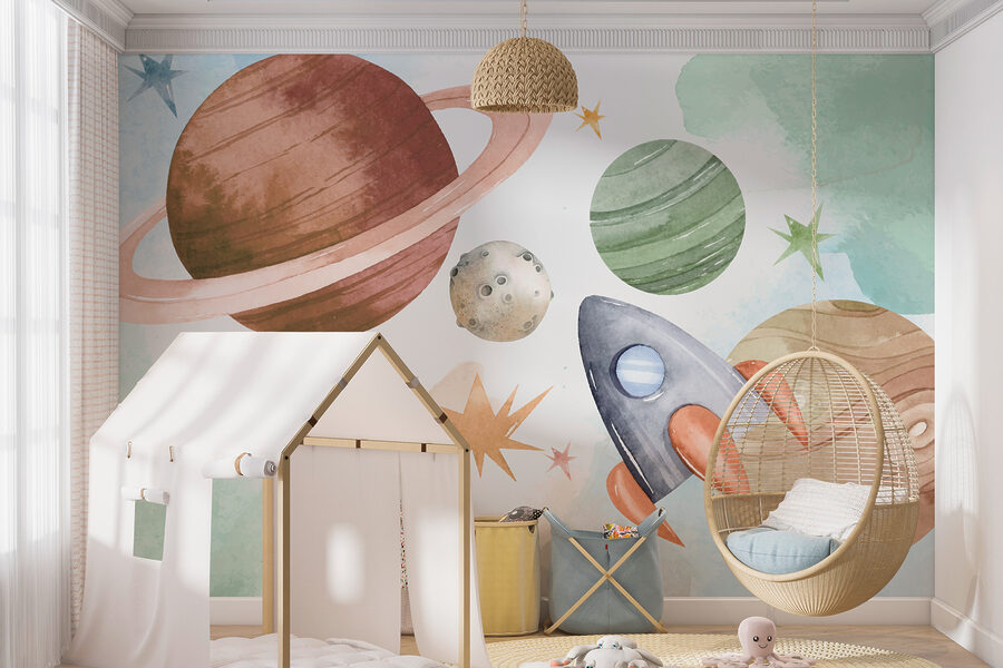 Une chambre avec une peinture murale de planètes et d'étoiles