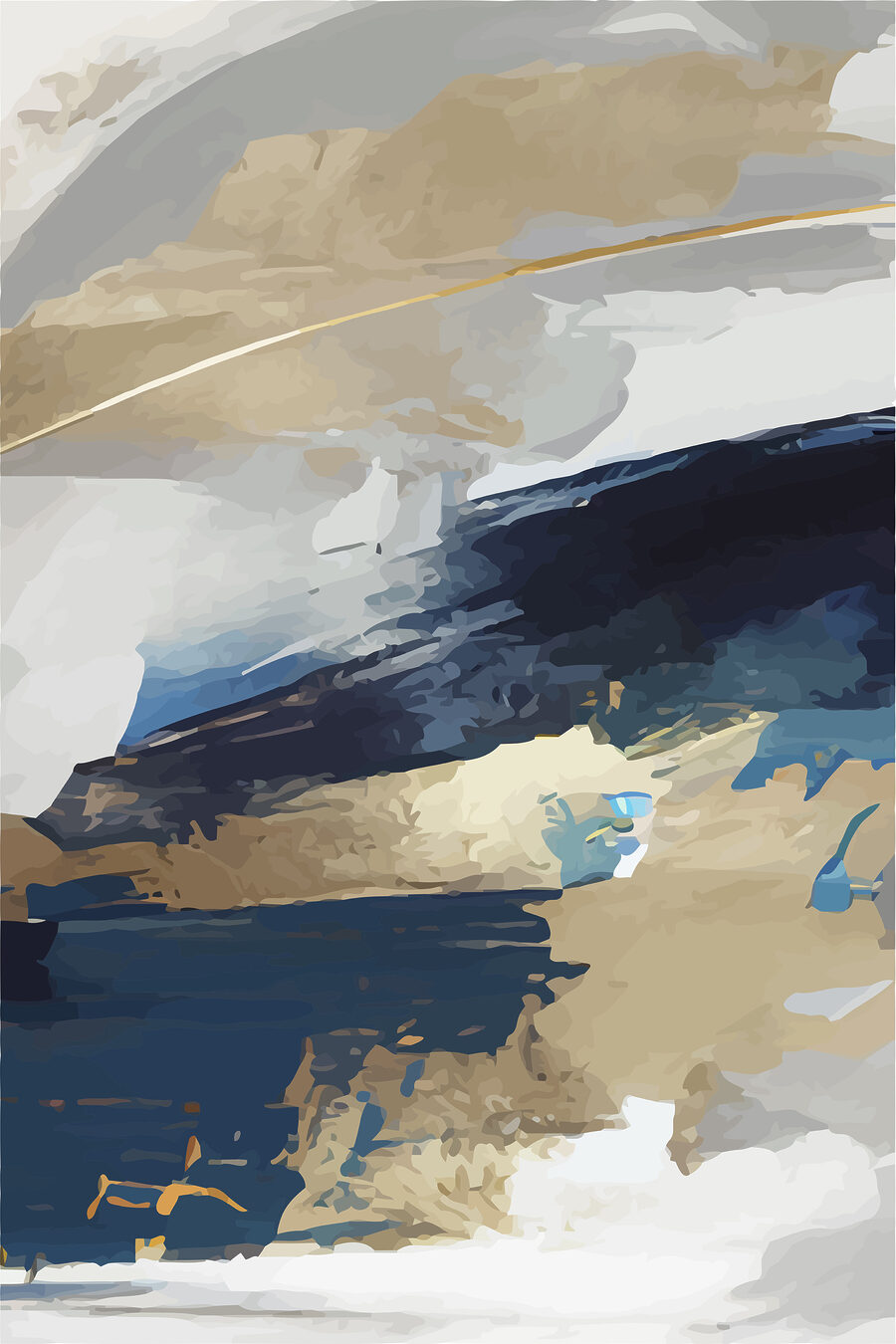 Une peinture bleue, blanche et brune