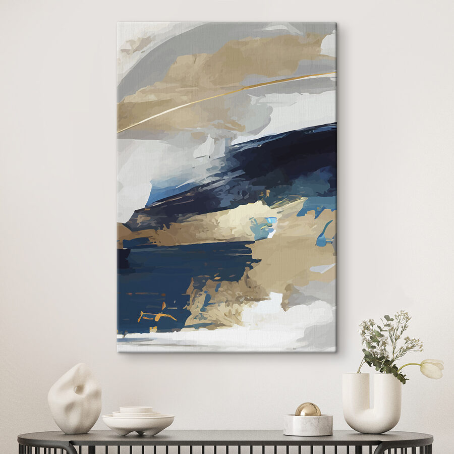 Une peinture bleue, blanche et brune