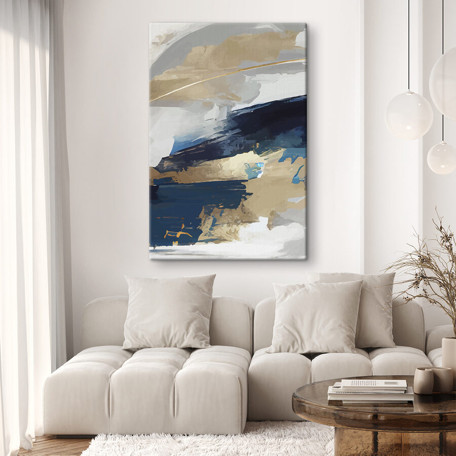 Une peinture bleue, blanche et brune