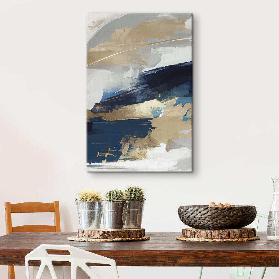 Une peinture bleue, blanche et brune