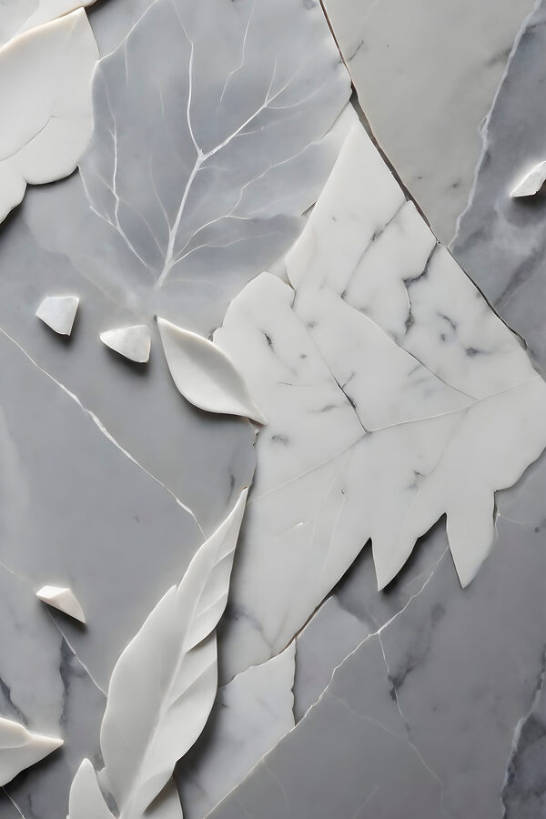 Une surface en marbre blanc et gris avec des feuilles Une surface en marbre blanc et gris avec des feuilles
