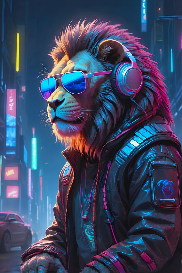 Un lion portant des lunettes de soleil et des écouteurs s38169p 600x900 - Un lion portant des lunettes de soleil et des écouteurs - tegory