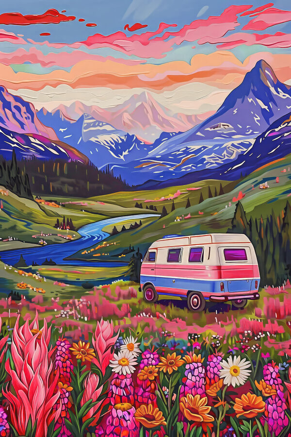 Une camionnette traversant une vallée avec des fleurs et des montagnes Une camionnette traversant une vallée avec des fleurs et des montagnes