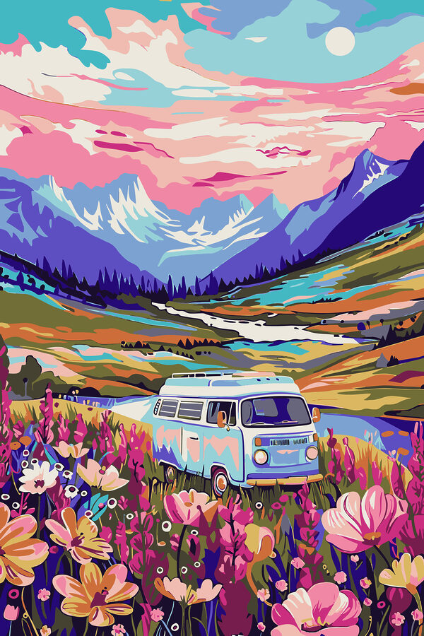 Une camionnette traversant un champ de fleurs Une camionnette traversant un champ de fleurs