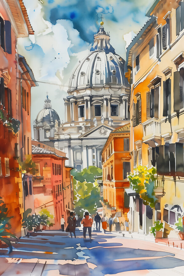 Peinture à l'aquarelle d'une rue avec des bâtiments et un dôme Peinture à l'aquarelle d'une rue avec des bâtiments et un dôme