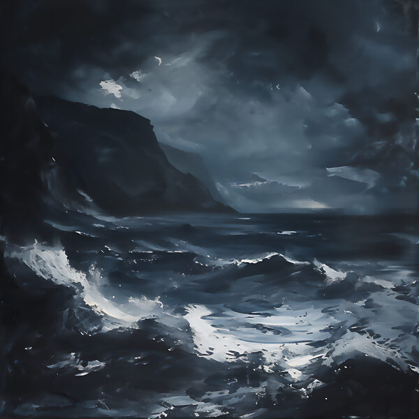 Une mer agitée avec des montagnes et des nuages Une mer agitée avec des montagnes et des nuages