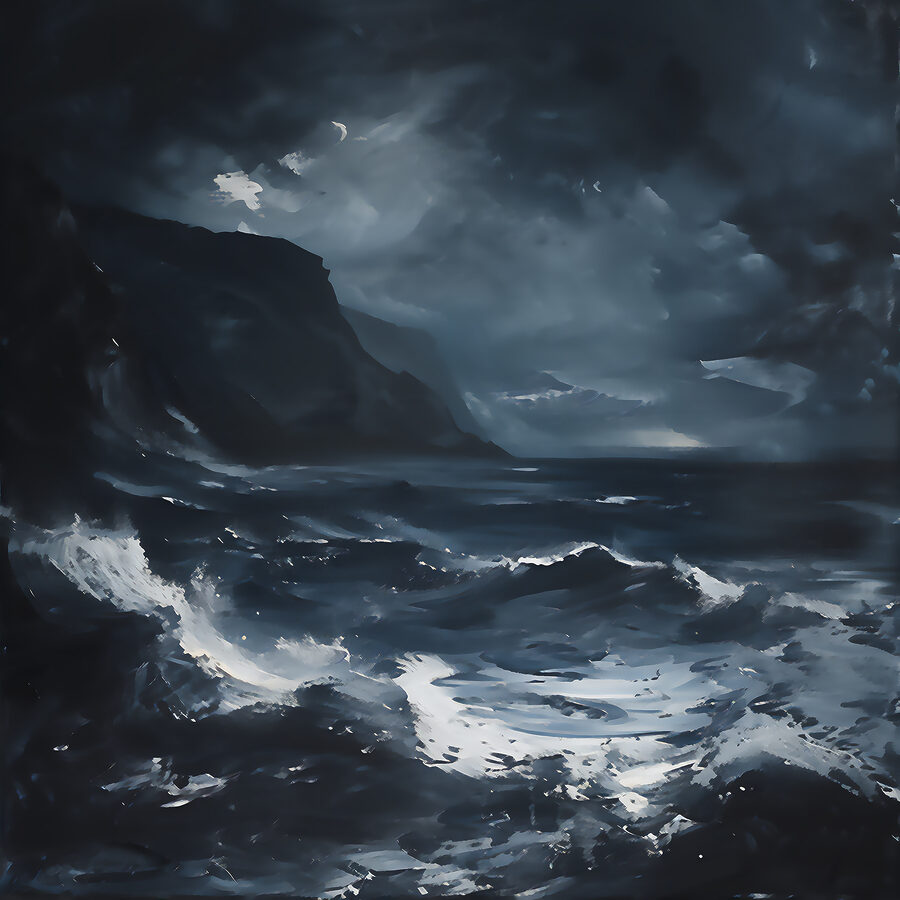 Une mer agitée avec des montagnes et des nuages Une mer agitée avec des montagnes et des nuages