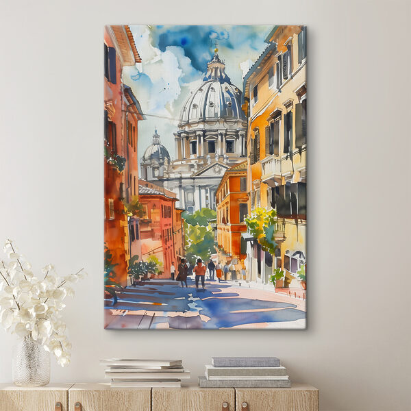 Peinture à l'aquarelle d'une rue avec des bâtiments et un dôme Peinture à l'aquarelle d'une rue avec des bâtiments et un dôme