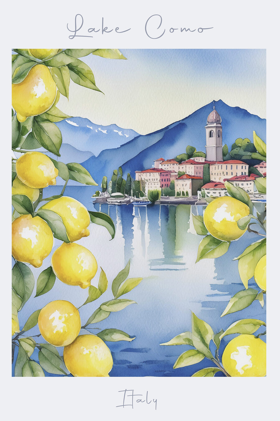 Aquarelle d'une ville et de montagnes avec des citrons jaunes