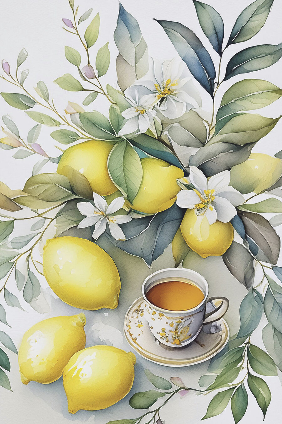 Une peinture de citrons et une tasse de thé Une peinture de citrons et une tasse de thé