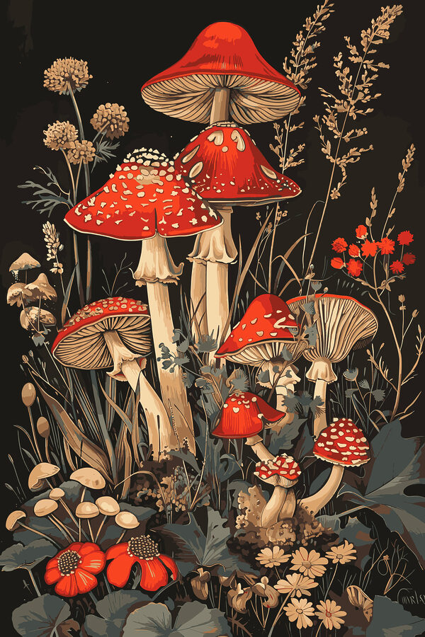 Une peinture de champignons et de plantes Une peinture de champignons et de plantes