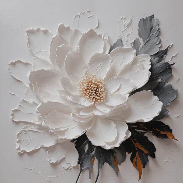 Une fleur blanche avec des feuilles noires et grises Une fleur blanche avec des feuilles noires et grises