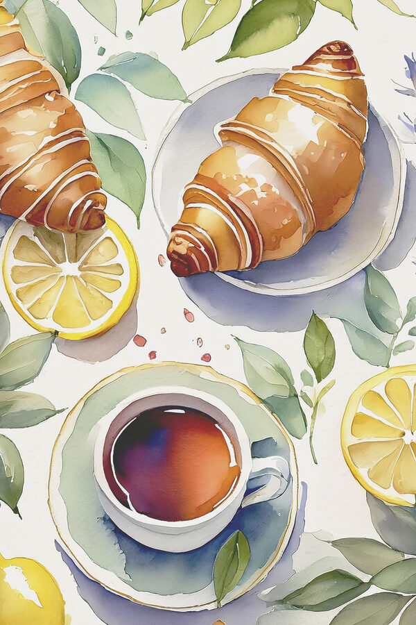 Aquarelle d'un croissant et d'une tasse de thé Aquarelle d'un croissant et d'une tasse de thé