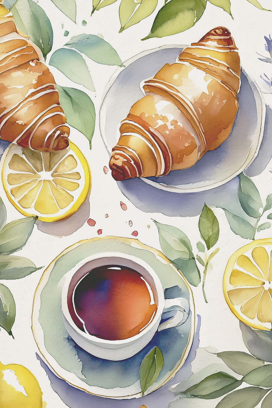 Aquarelle d'un croissant et d'une tasse de thé