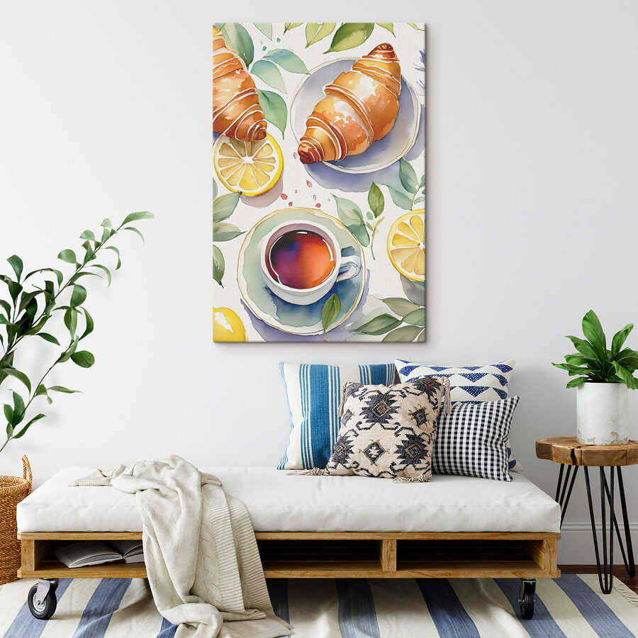 Aquarelle d'un croissant et d'une tasse de thé