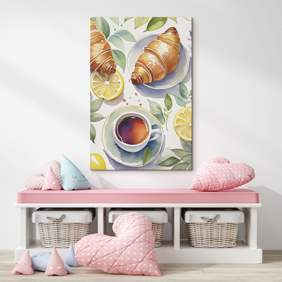 Aquarelle d'un croissant et d'une tasse de thé